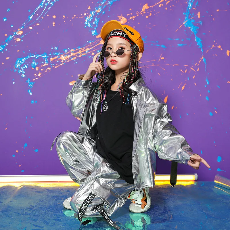 Костюм детский для танцев серебристый с длинным рукавом в стиле хип-хоп на