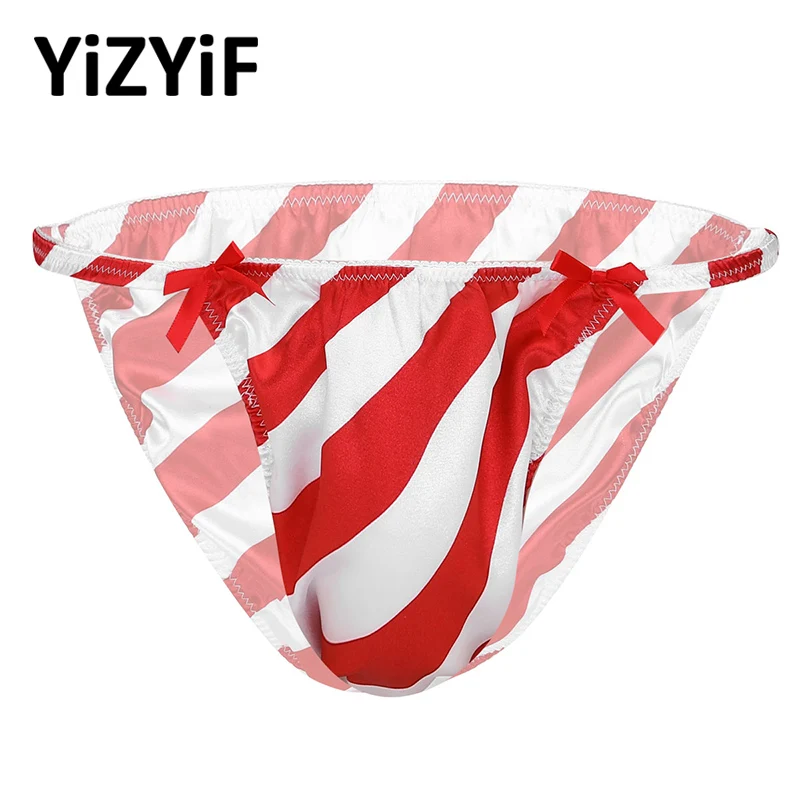 

Трусы-стринги рождественское бикини мужские, блестящие атласные, нижнее белье, в красно-белую полоску, с низкой посадкой