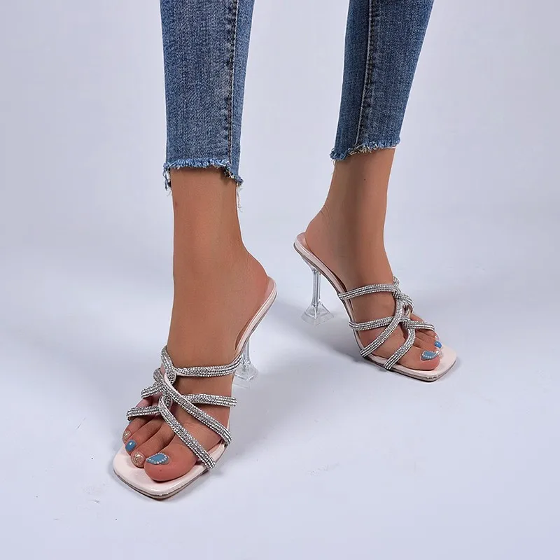 

2021 9cm Super High Thin Heel Women's Slippers Bling Crystal Cross-tied Elegent Transparent Heel Slides Indoor Leisure Shoes
