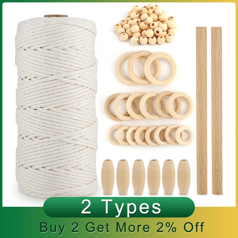 Шнур макраме из натурального хлопка м с деревянным кольцом деревянная палочка