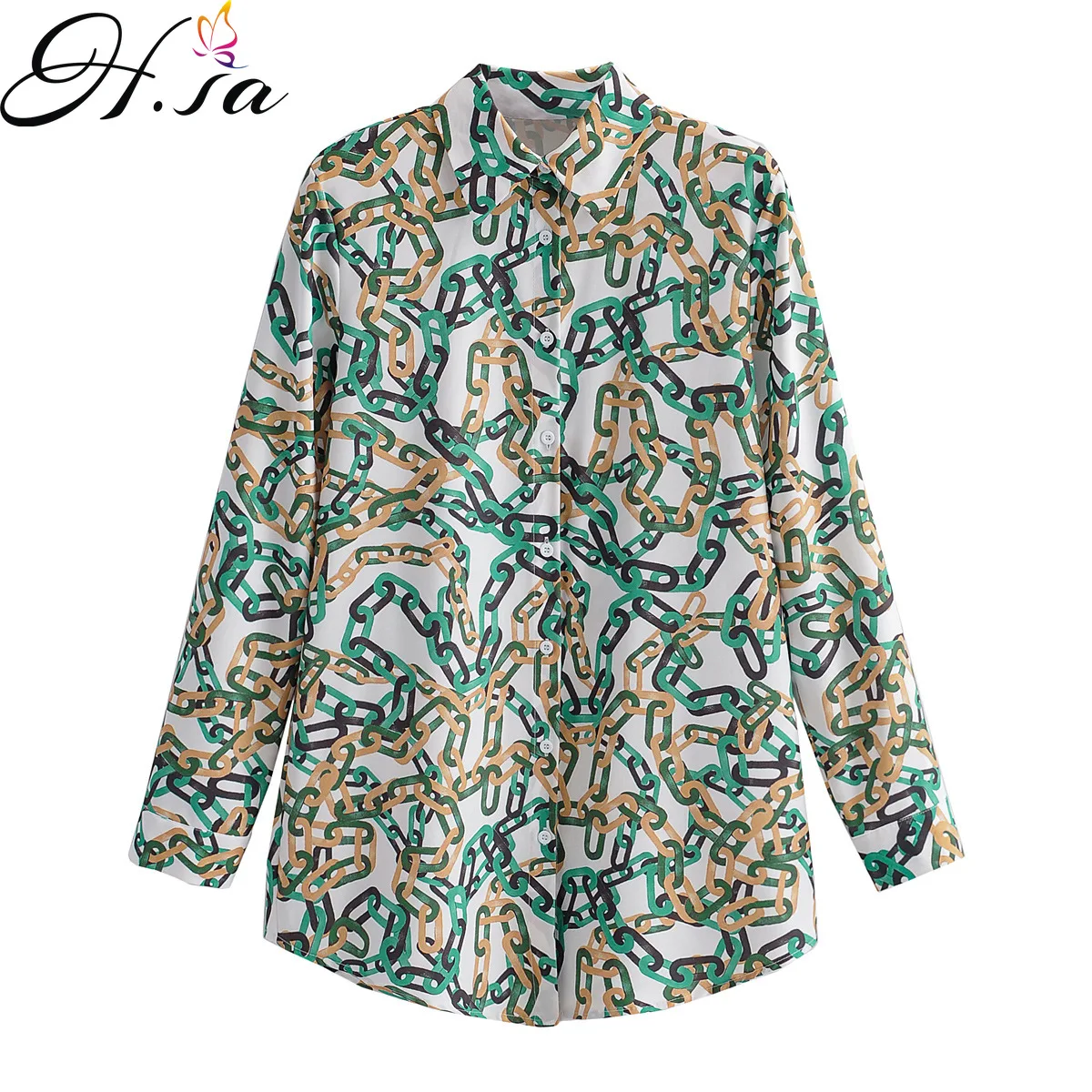 

Hsa 2021 European and American Summer Wind Women's New Chain Printed Loose Long Sleeves Shirt 1518 shirt button up shirt