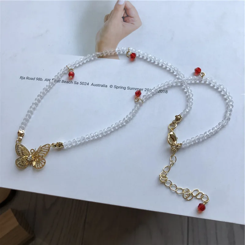 Korean fashion butterfly pendant necklaces for women cute transparent beads chain statement necklace jewelry girl party gift | Украшения и