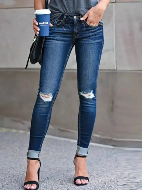 

2021 Summer New Women's Fashion Casual Classic Popular Solid Color Slim Slimming Hole Stretch Knee-less Skinny Jeans KZ014