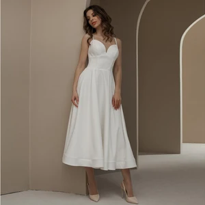 Simple Short Wedding Dresses 2021 Tea-Length Straps A-Line Crepe Bridal Gowns Couture Bride Dress Vestido De Noiva
