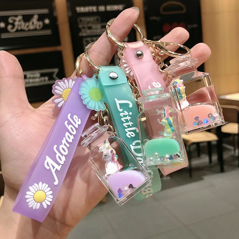 

New Hot Moving Liquid Keychain Creative Unicorn Flower Quicksand Bottle Keychains Bag Car Pendant Keyring Trinket Jewelry Gift