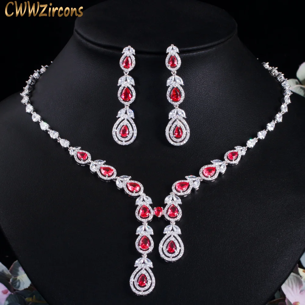 

CWWZircons Water Drop Leaf Red Cubic Zirconia Wedding Necklace Earrings Jewelry Set for Brides Party Costume Accessories T511