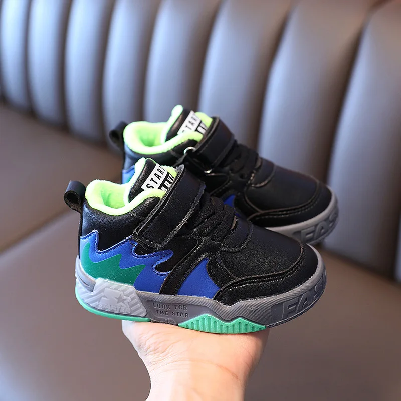 Детская зимняя обувь для мальчиков и девочек из флокированной кожи с меховой подкладкой-изоляцией, модные зимние ботинки с отделкой на щиколотке.