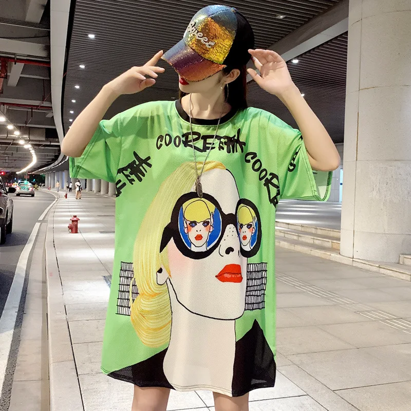 

Женское платье-футболка с коротким рукавом, свободное облегающее платье-футболка в уличном стиле, повседневные топы в Корейском стиле хип-х...