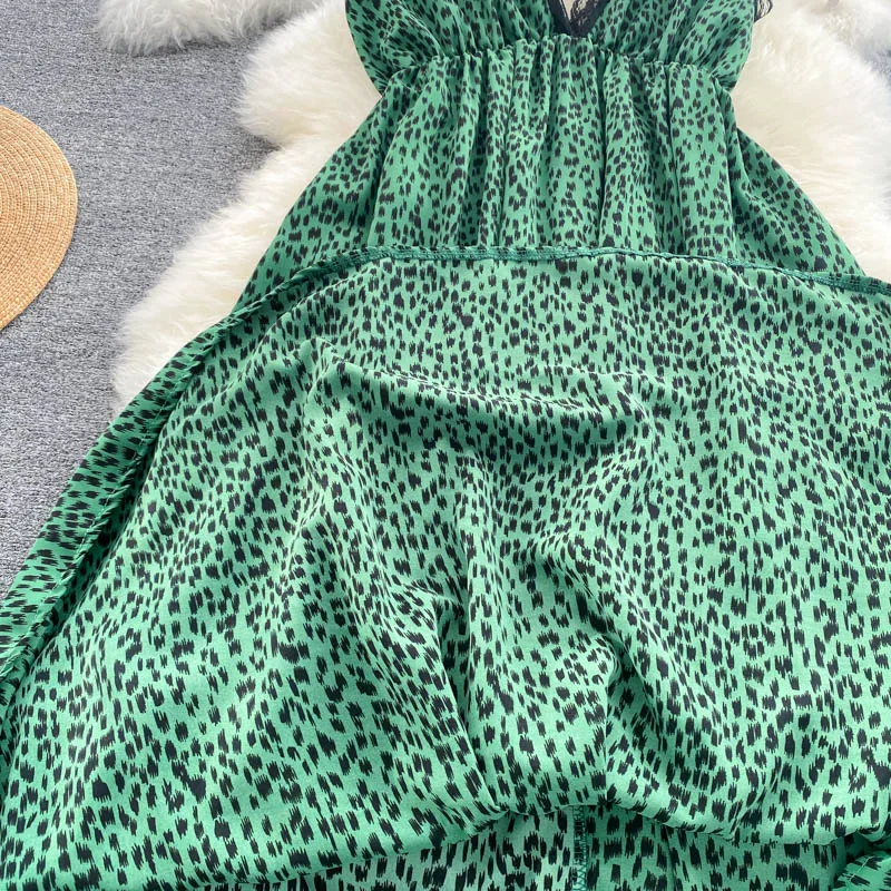 

Lace Patchwork V-neck Sleeveless Dress Women Club Mid-calf Holiday Dresses Street Club Leopard Print Dresses Summer Sexy vestido