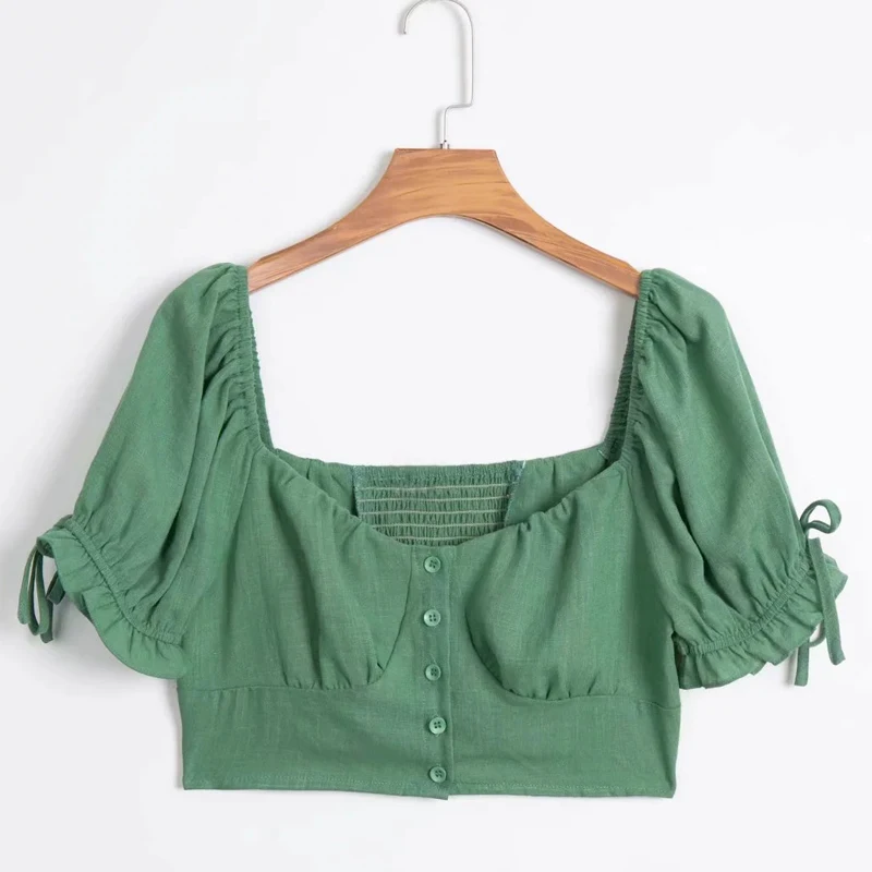 Женская укороченная блузка с воротником-стойкой и пуговицами спереди | одежда