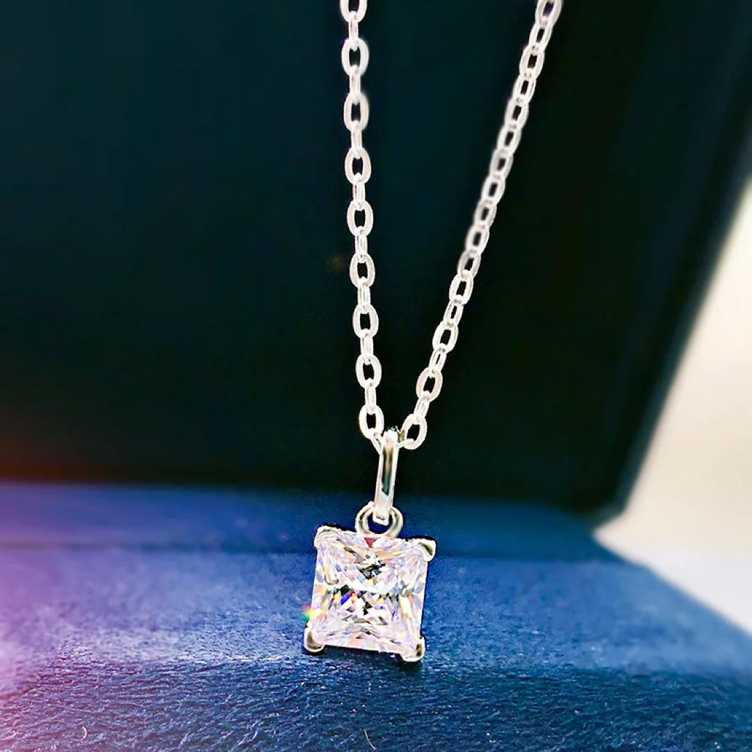 

925 Sterling Silver Simple High Carbon Diamond Princess Necklace Four Prong Set Pendant Clavicle Chain For Women Fine Jewelry
