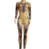 sparkling gold sequin diamonds women long sleeve jumpsuits nightclub singer stage performance wear pole dancing costumes