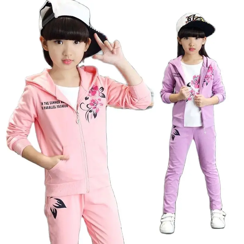 

Высококачественный хлопковый комплект одежды для девочек, спортивный костюм с цветочным принтом, спортивный костюм, куртка + штаны, комплек...