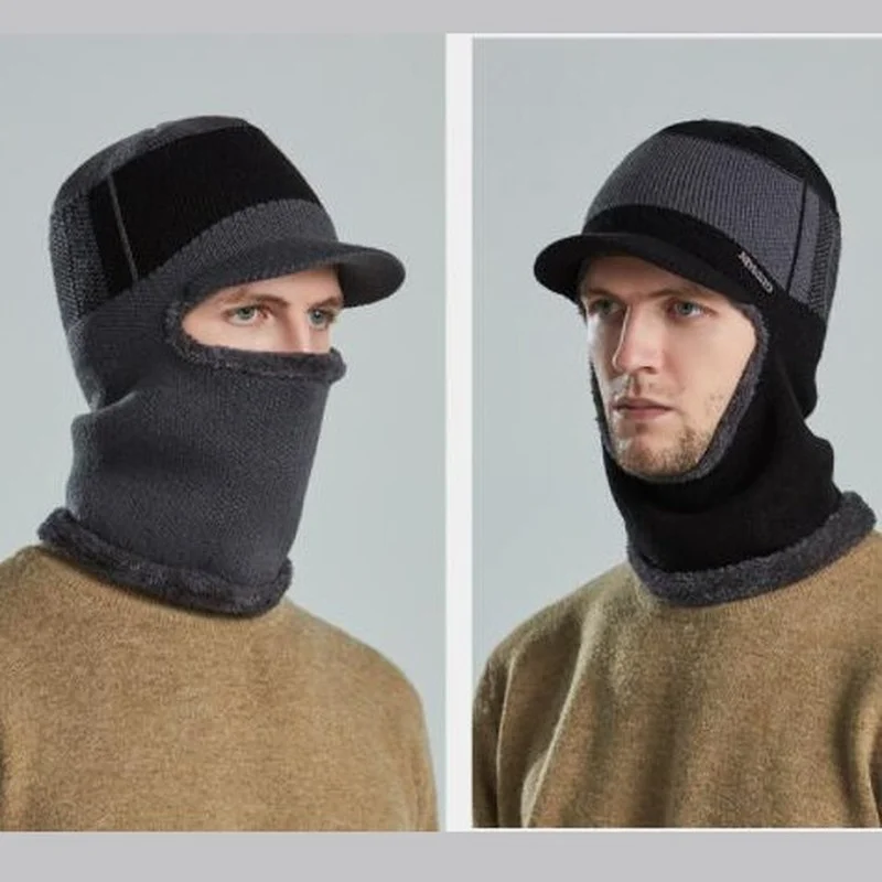 

Men's Hat Winter Knit Plus Plush Thicken Warm Bib Siamese Hat Female Windproof Scarf Hat Short Brim Mask Scarf One Piece Hat