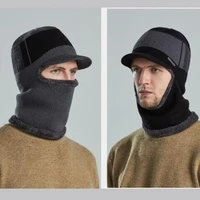 mens hat winter knit plus plush thicken warm bib siamese hat female windproof scarf hat short brim mask scarf one piece hat