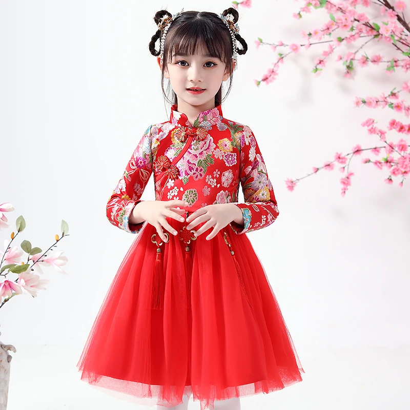 Китайская Новогодняя одежда зимнее платье для девочек принцессы пачка Вечерние