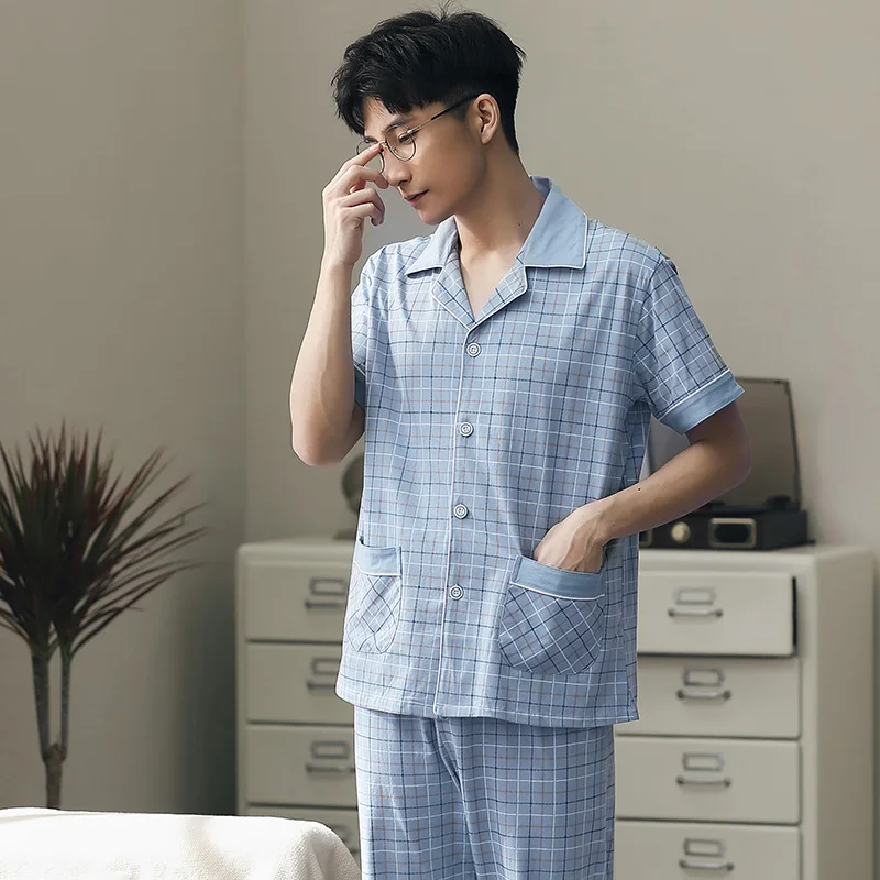 

Summer Men Pajamas 100% Cotton 2 Pieces Fashion Sleepwear Pijama Man's Shorts Bedgown Home Clothes PJ Plaid Pure Cotton Pajamas