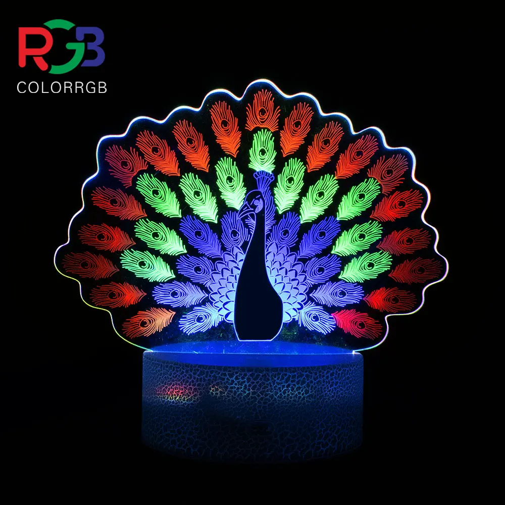 

ColorRGB,3D Night Light Peacock Illusion Lamp,Three-Color Touch Remote Control Creative Gift Desk lamp ,Birthday Gifts for Girls