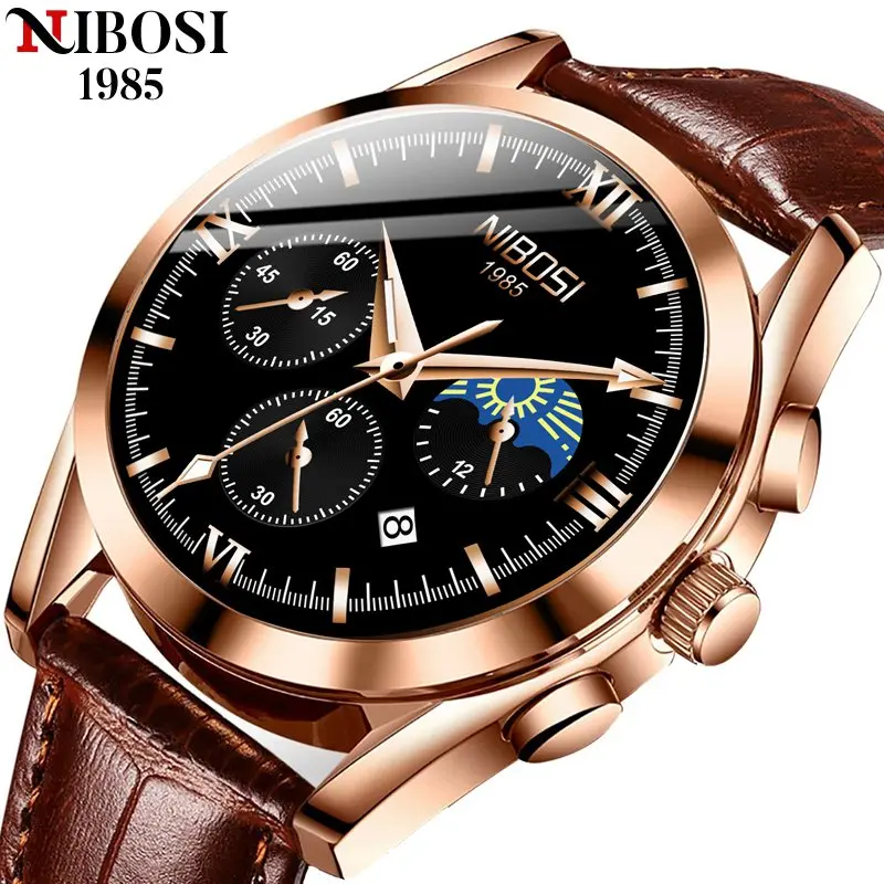 

Мужские спортивные часы NIBOSI, спортивные Роскошные водонепроницаемые мужские часы с кожаным ремешком и луной, мужские часы, мужские часы для...