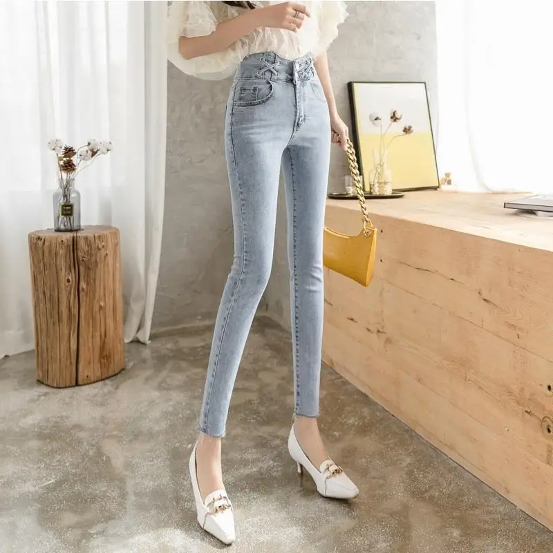 

Korean Version of The New Stretch Tight Pencil Feet Pants 2021 Spring Wild Straight Loose Harem Jeans Mother Jeans