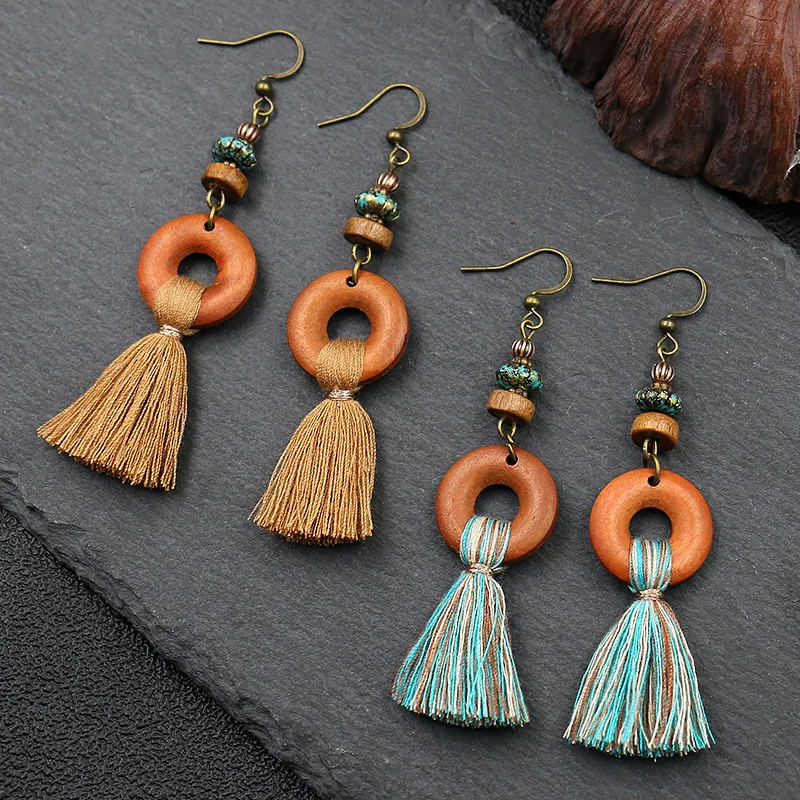 

Retro Bohemia Fashionable All-Match Long Fringe Earrings Creative Wooden India Ornament Gift