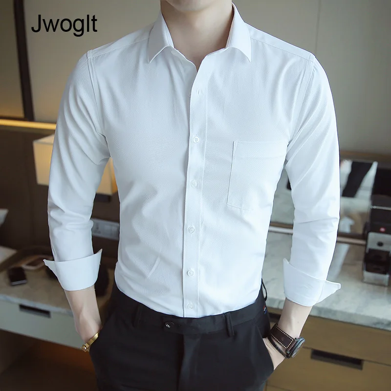 

Мужская модная деловая Повседневная Рабочая Рубашка на пуговицах, приталенная белая формальная рубашка с длинным рукавом из саржи