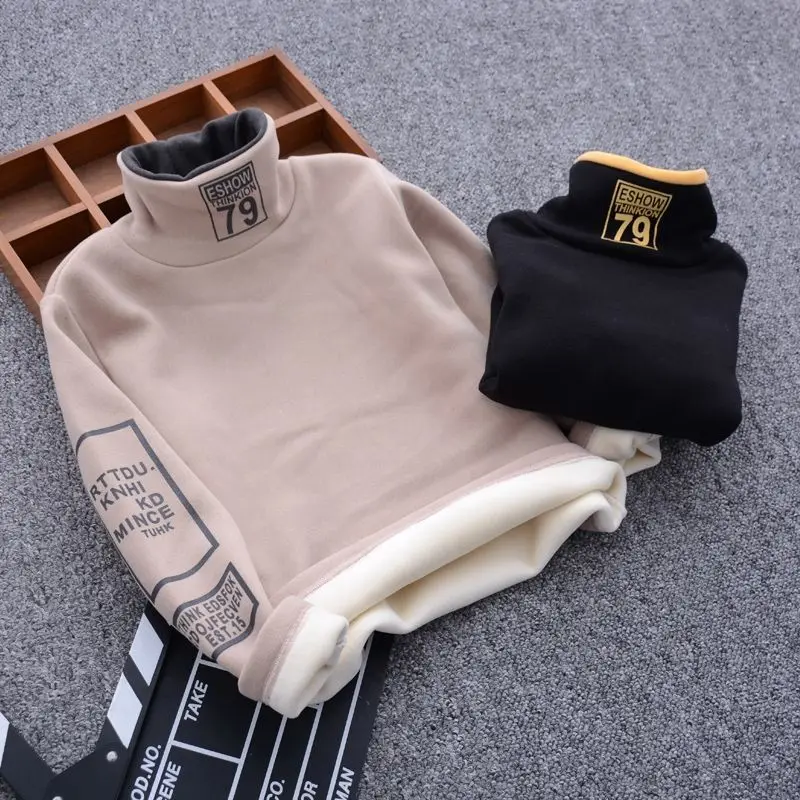 

Winter Cotton T-Shirt New 2021 Korean Version Girls Plus Velvet Thickening Turtleneck Clothes Boys Fashion Children's Clothing