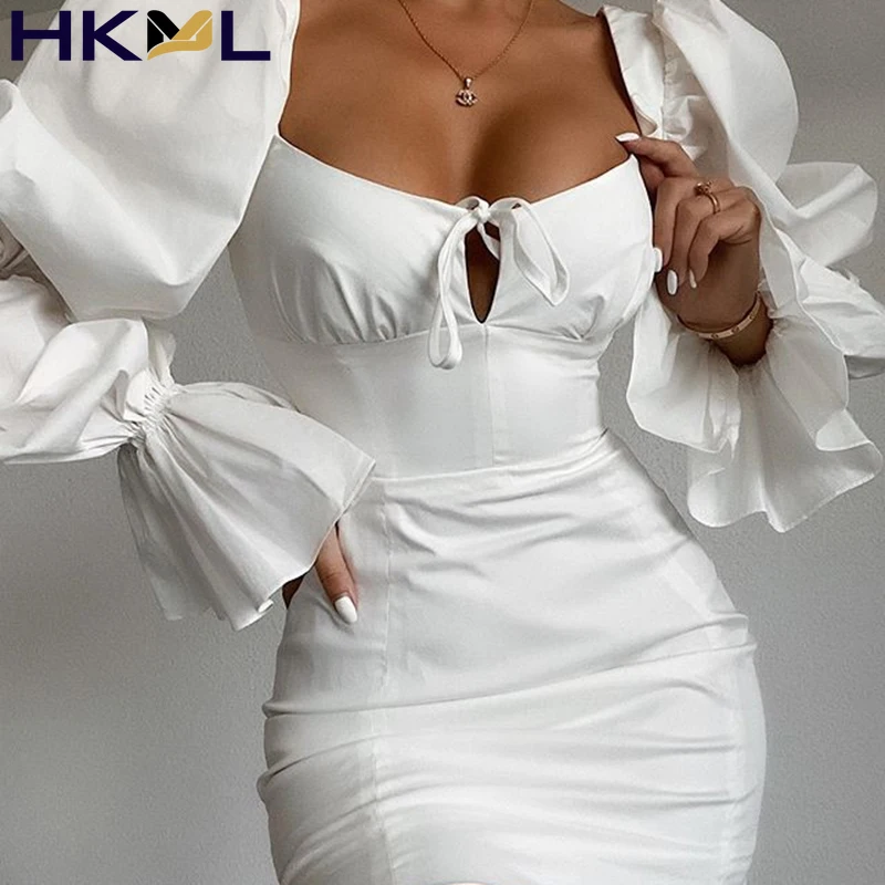 

2021 Women Autumn Dresses Lantern Sleeve Tie Front White Elegant Bodycon Birthday Party Mini Dress
