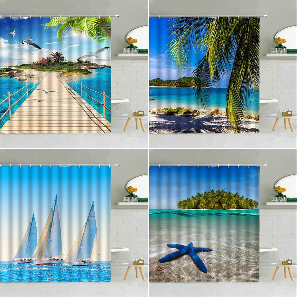 

Ocean Sea Scenery Shower Curtain Summer Holiday Destination Bathroom Decor Seaside Beach Wood Bridge Sailboat Hooks Curtains Set