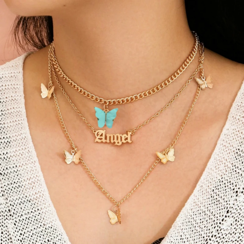 

Multilayer Gold Color Letter Angel Choker Necklace for Women 2020 Fashion Acrylic Butterfly Long Necklaces Girl Party Jewelry