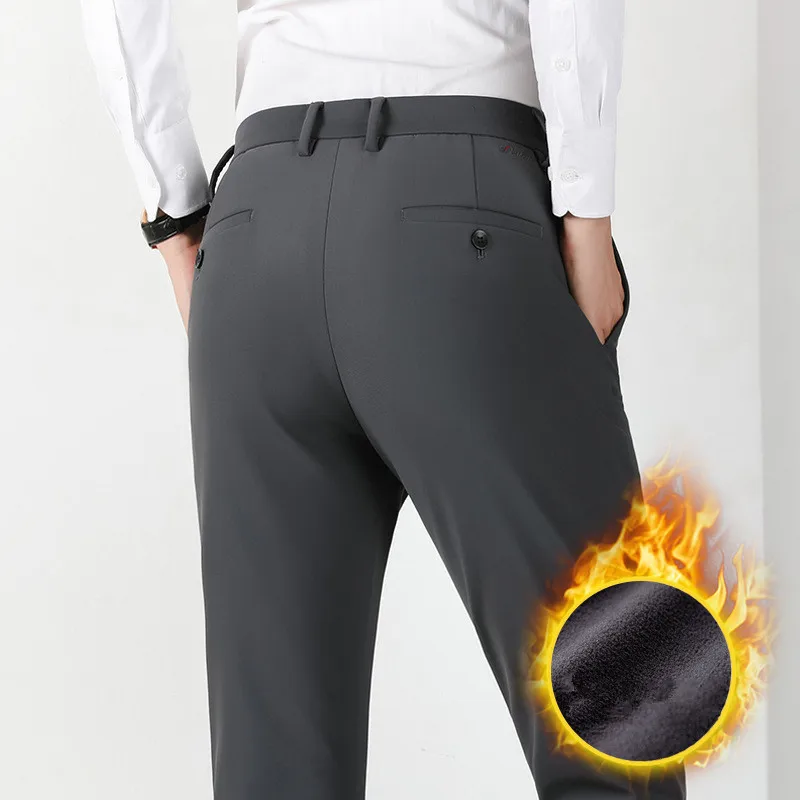 

Autumn Winter Warm Men's Business Casual Pants Mens Slim Elastic Straight Pants Men Dress Pants Fleece Thick Tousers Large Size