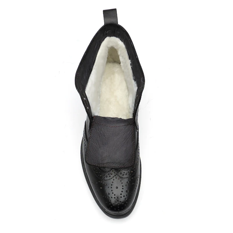 black with fur Мужские повседневные теплые плюшевые ботинки «Челси»; зимняя обувь из коровьей кожи; ботинки с перфорацией типа «броги»; ботильоны из воловьей кожи; botas; большие размеры - Цвет: black with fur