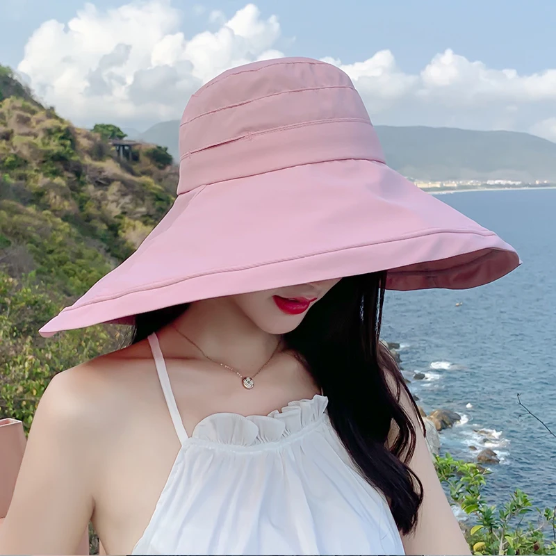 Summer Fashion Black Bucket Hat Women Korean Sunscreen Big Brim Fishermen Hats Chapeau Bucket Caps Panama Big Size Gorro