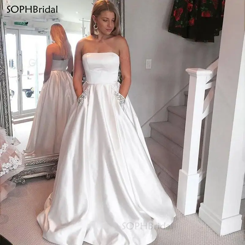 

New Arrival White Satin Simple Wedding Dresses Strapless Lace Up Wedding Gowns Bride Dress Robe de Mariee Vestido de Noiva