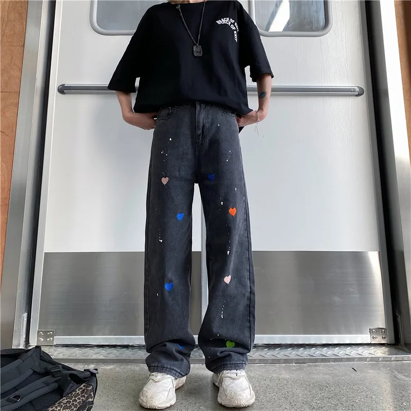 

Ink Love Heart Jeans Women's Summer High Street Harajuku Style Loose Casual Pants