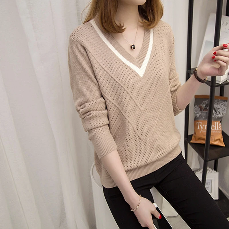 

Spring Autumn Sweaters Women Korean V-neck Loose Patchwork Female Knitted Pullovers Basic Knitwear Warm Jumper
