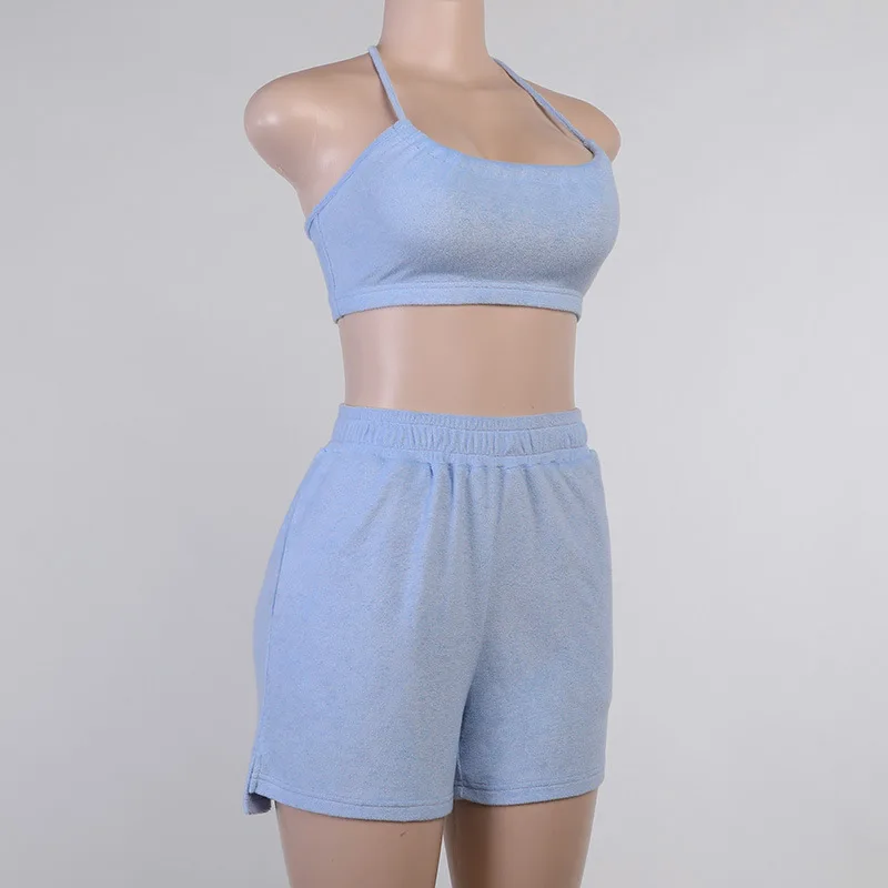 

Halter Top Shorts Sets Womens Outfits Summer 2021 Sexy Backless Two Piece Ensembles Femme Blue Yellow Y2k Crop Top Short Suits