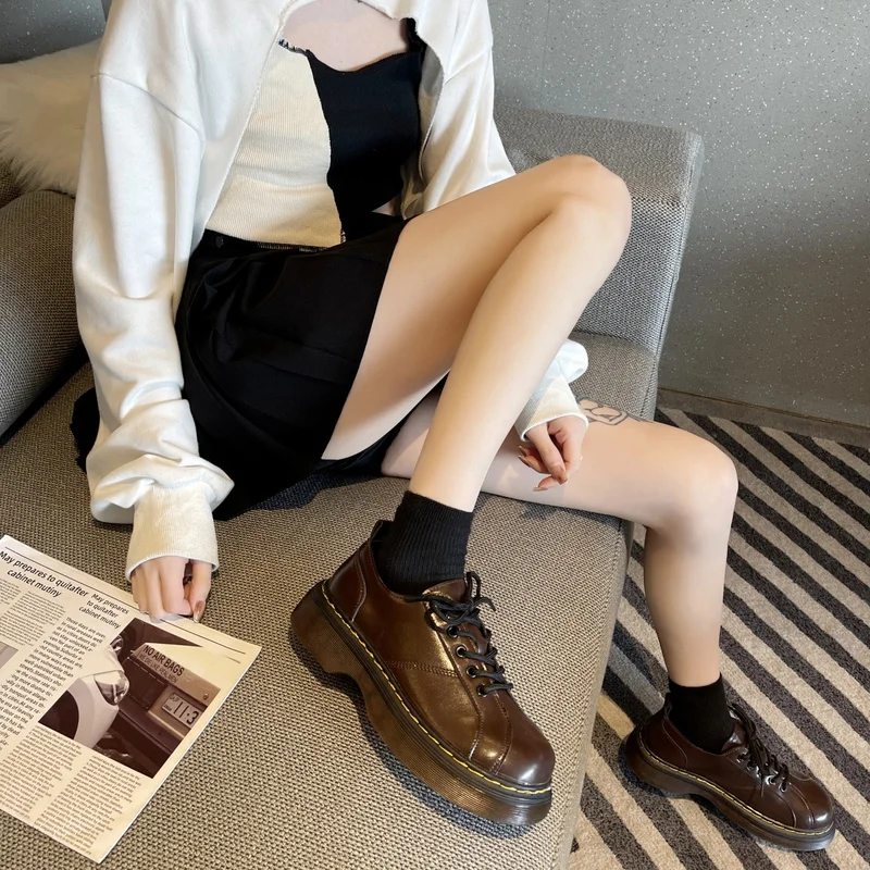 

2021 Women's New Casual Flat Shoes Round Toe PU Lace-up Square Heel Thick-soled Non-slip Lightweight Comfortable Women's Shoes