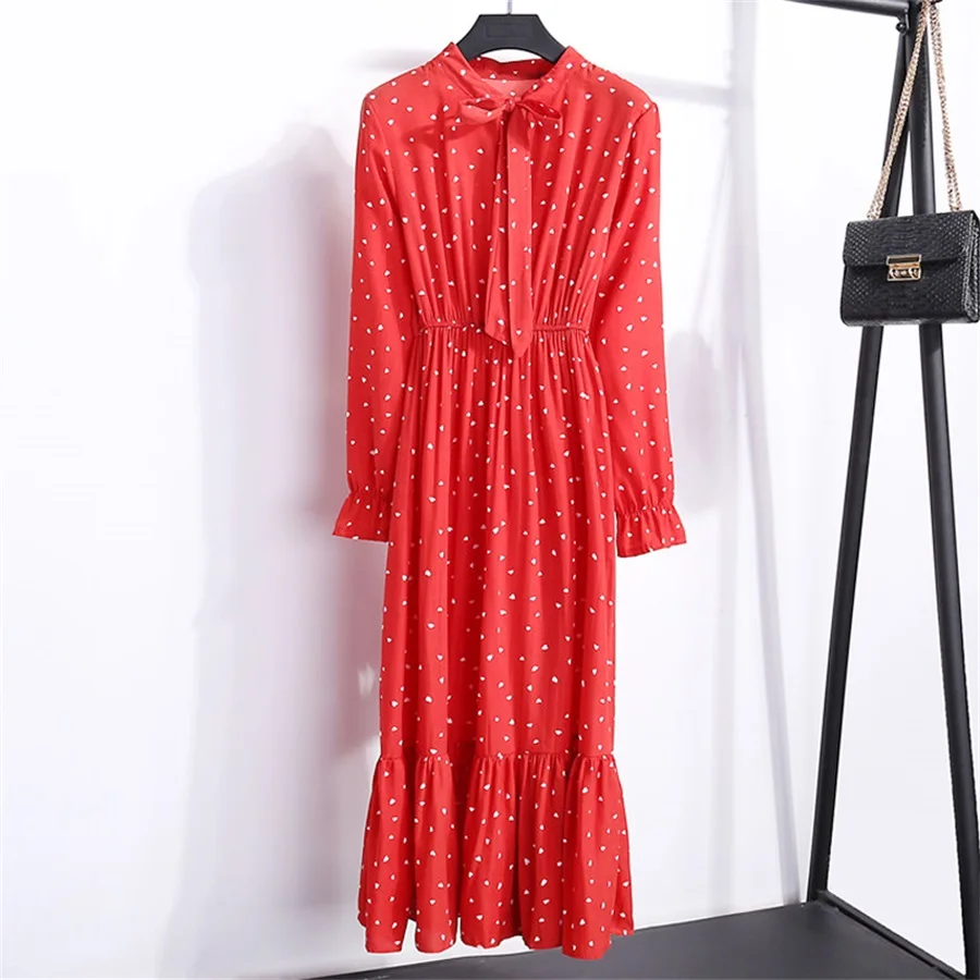 Корейская черная рубашка Vestidos для офиса в горошек, винтажные осенние платья, Женское зимнее платье, миди платье с цветочным рисунком и длинным рукавом для женщин