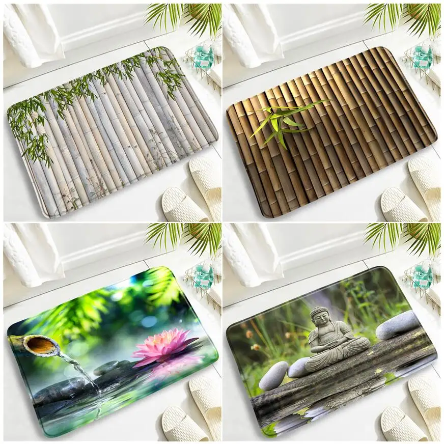 

Green Bamboo Leaves Zen Bath Mats Sets Black Stone Orchid Home Door Mat Kitchen Pad Shower Room Non-slip Carpet Toilet Cover Rug