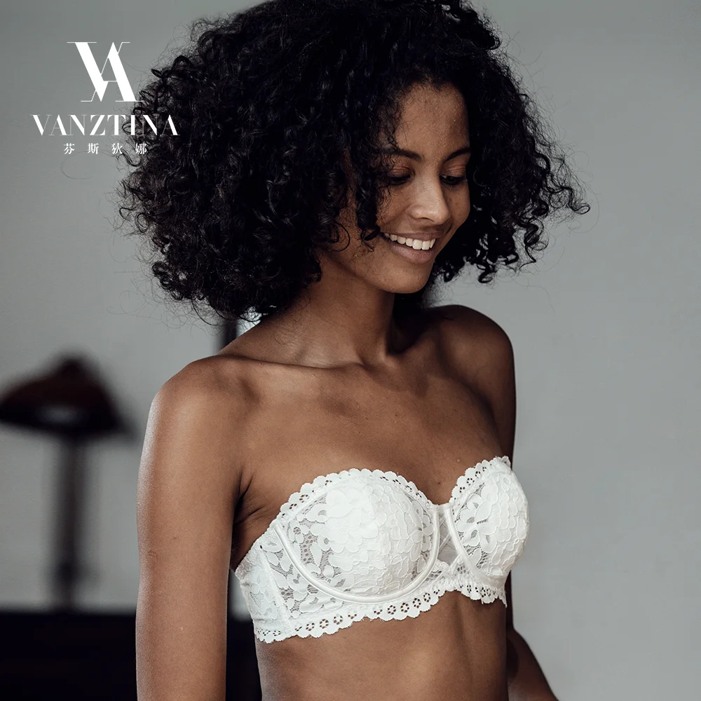 

VANZTINA Women's Lace Strapless bras Sexy Invisible push up bralette floral lingerie soft white bra Female underwear tube top