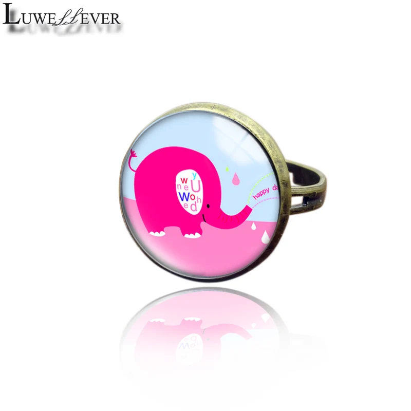 

New 3662 Elephant Fashion Adjustable Bronze Ring 30mm Round Glass Rings Charm Jewelry For Unisex Teenagers Gift