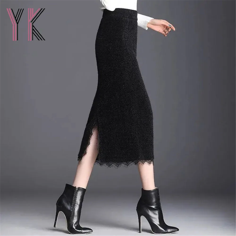 

Imitation Mink Fur Black Slit Buttons Elastic High Waist Midi Slim Skirts Lace Stitching Stretch Sukienka Elegant Vintage Saia