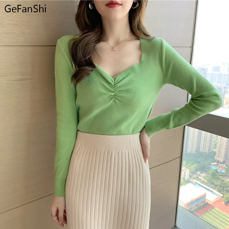 2020 Women Autumn Knitted Sweater Solid Square Collar Female Cotton Soft Elastic Pullovers Full Sleeve Sexy Fashion Top | Женская одежда