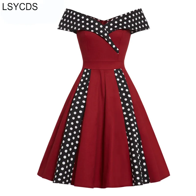 

LSYCDS Women Polka Dot Vintage Dresses Burgundy Elegant Off Shoulder Party Night Sexy Fit and Flare Rockabilly Dress