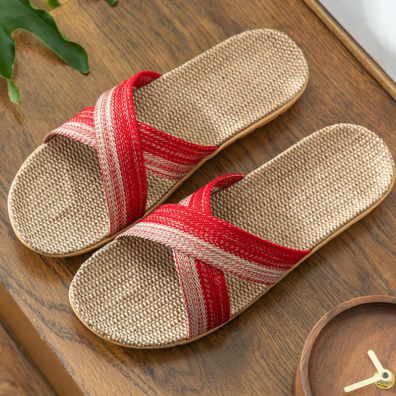 

GHJIOL 2021 New Summer Women Shoes Flax Slippers Cross Belt Casual Flat Slides Beach Flip Flops Sandals Female Male Indoor Shoes
