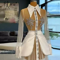 sexy illusion prom dress white long sleeves party gowns beads crystals a line special occasion dresses robe de soiree