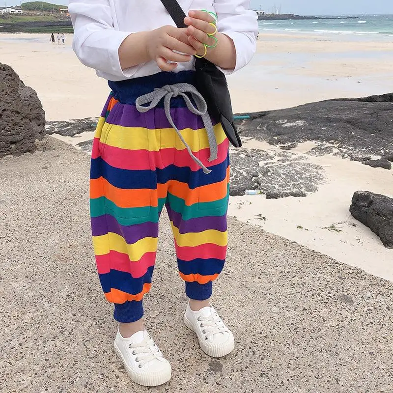 Штаны для мальчиков хлопковые радужные Длинные повседневные шаровары школьные