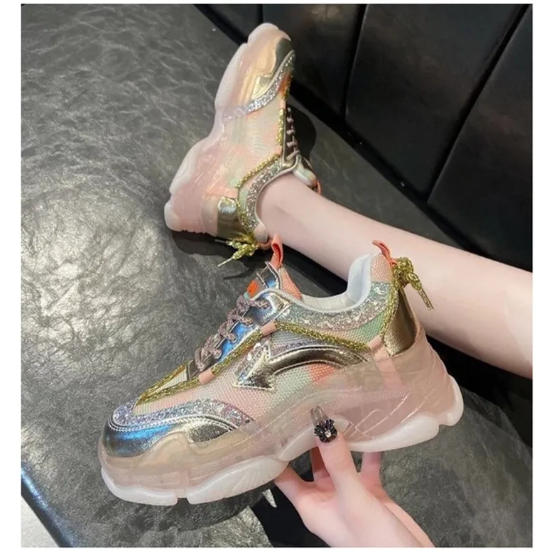 

2021 European and American New Sequined Lightning Shoes Front Lace-up Old Shoes Mid-heel Casual Women's Shoes