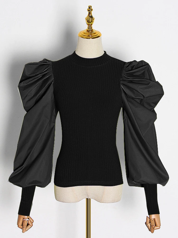 TWOTWINSTYLE Causal Patchwork Knitting Ruched Women's Sweaters O Neck Lantern Long Sleeve Sweater For Female Fashion Clothes New | Женская